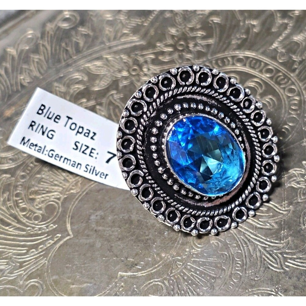 Bohemian Style Blue Topaz Oval Bezel Set German Silver Cocktail Ring Size 7